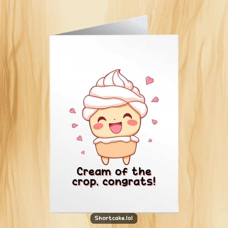 Funny Free Printable Congratulations Card: A shortcake character beams with a wide grin, whipped cream spraying joyfully around them.