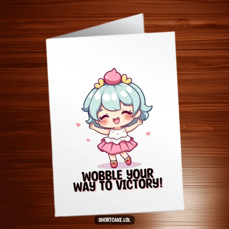 Funny Free Printable Congratulations Card: A shortcake character does a delightful, wobbly dance, celebrating achievements with charming awkwardness.