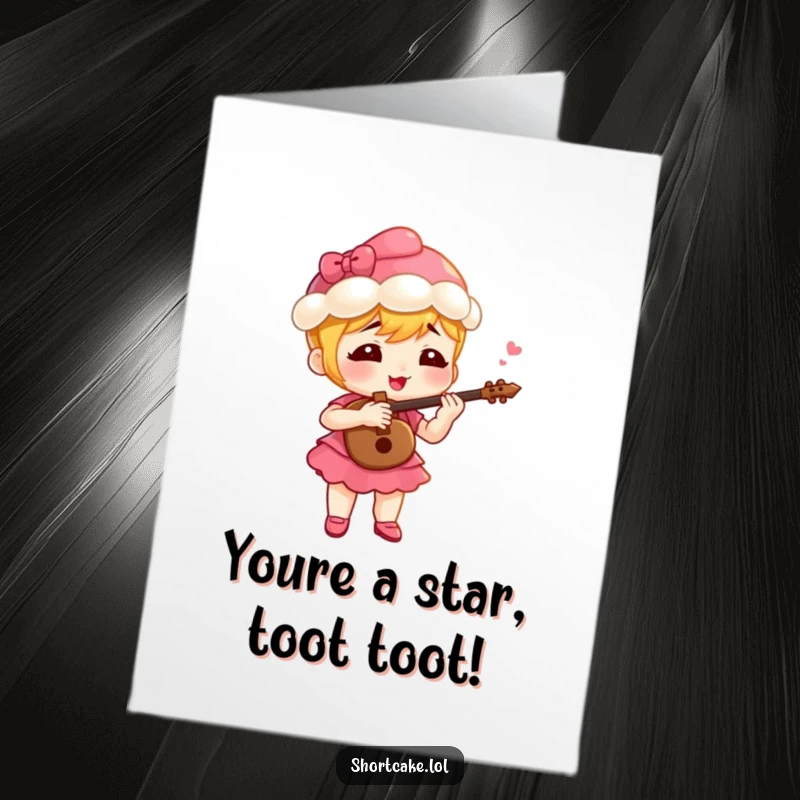 Funny Free Printable shortcake slice character playing a tiny fife with gusto, heralding a sweet success.