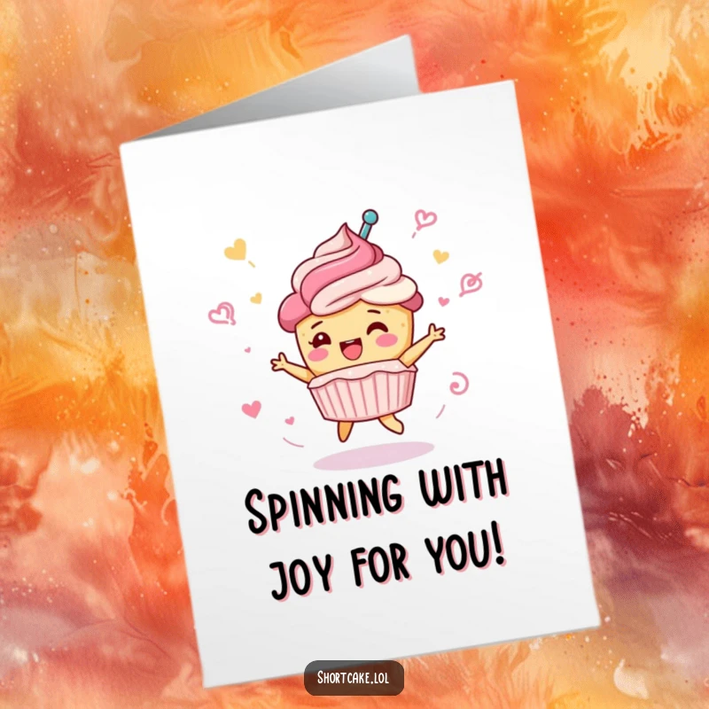 Funny Free Printable Congratulations Card with a shortcake character in a celebratory spin, leaving frosting trails of joy.