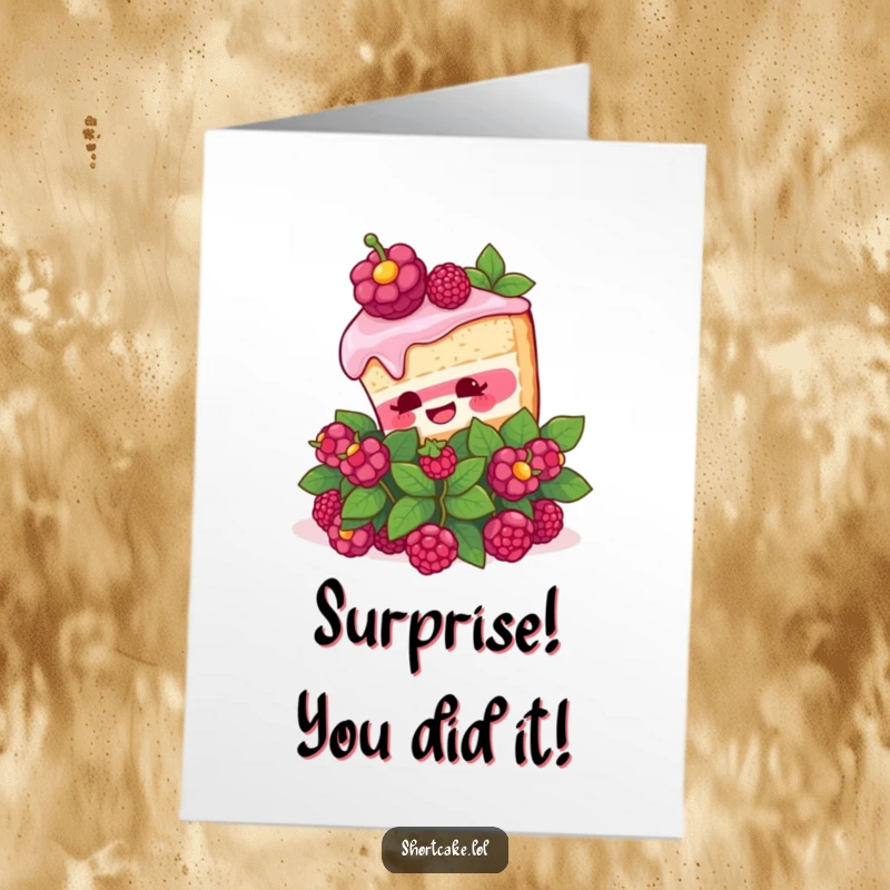Funny Free Printable Congratulations Card showing a slice of shortcake with wide eyes popping out of a berry bush