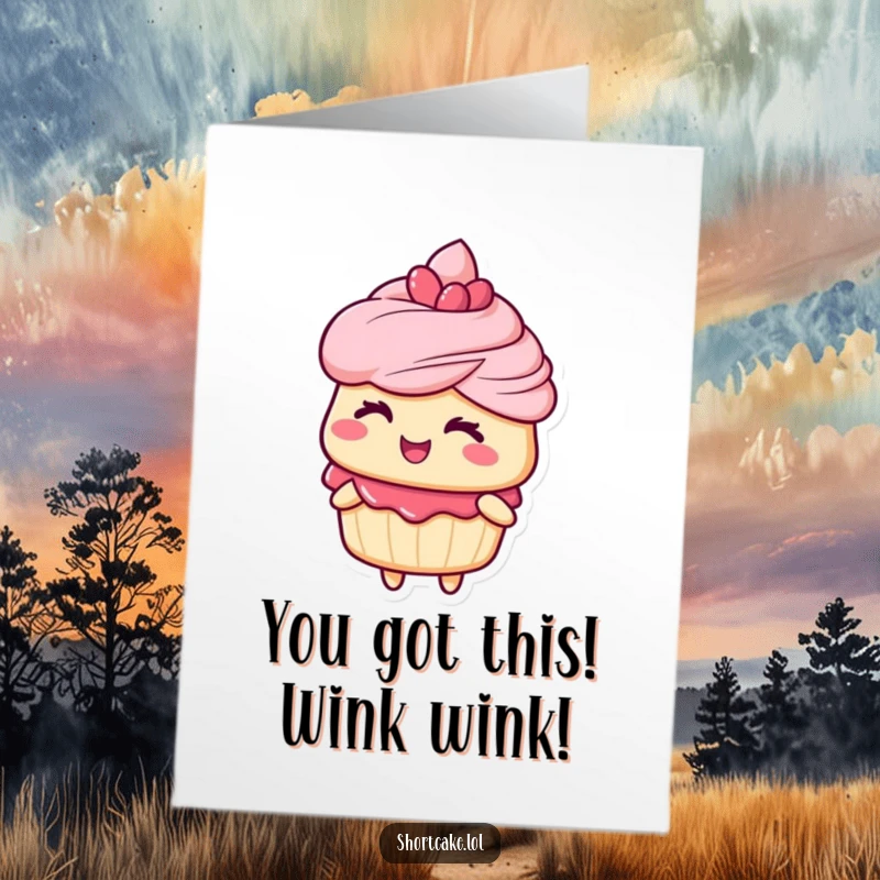 Funny Free Printable Congratulations Card: Cute shortcake character giving a knowing, delightful wink to celebrate success humorously.