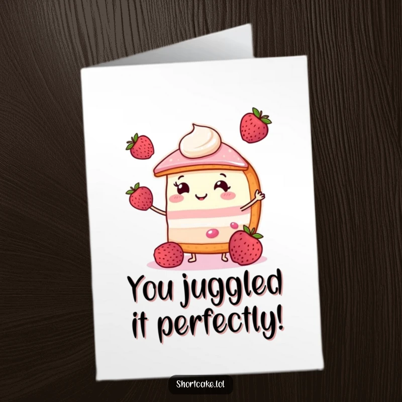 Free Printable Congratulations Card: A smiling slice of shortcake juggles three colorful berries with impressive skill and glee.