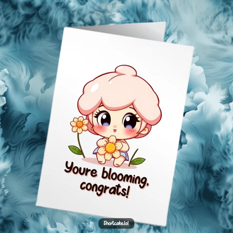 Funny Free Printable Congratulations Card: A shortcake slice character looks with awe at a flower, symbolizing newfound delight and success.