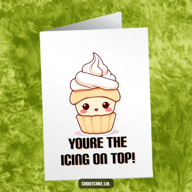 Funny free printable congratulations card showing a shortcake character sporting a miniature whipped cream hat, ready to celebrate.