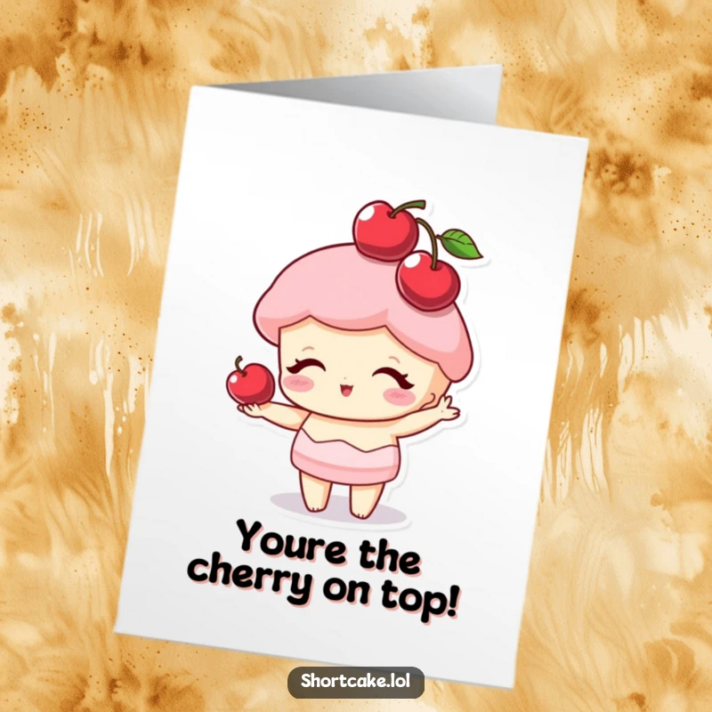 Funny Free Printable shortcake slice character balancing a cherry on its point, offering a stylish and sweet thank you.