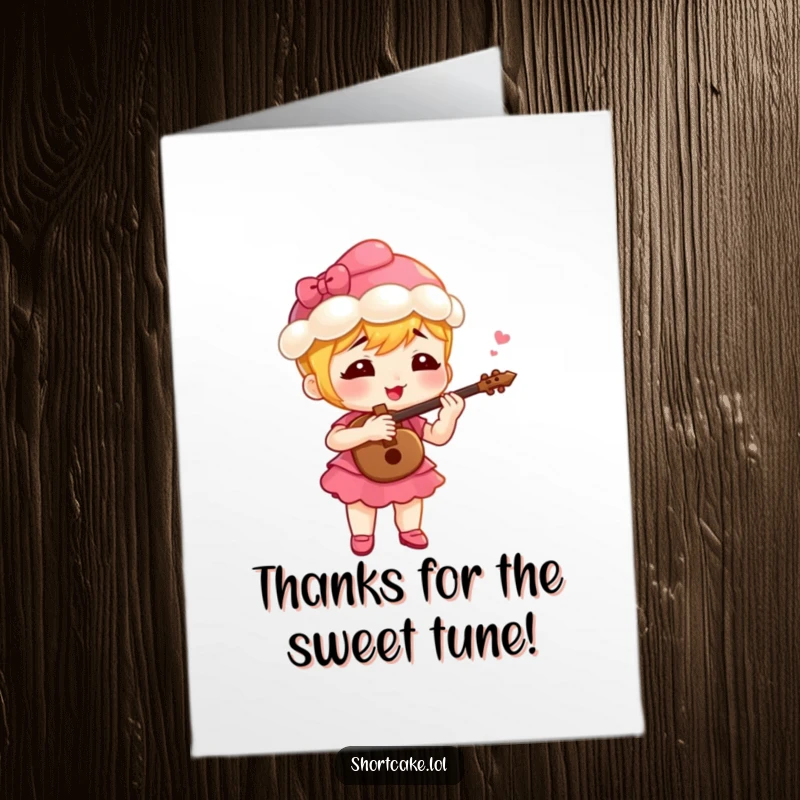 Funny Free Printable shortcake slice character playing a tiny fife with gusto, offering a musical thank you.