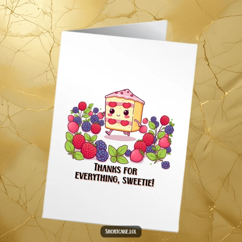 Funny Free Printable shortcake slice character with tiny legs skipping through berries, offering a sweet thank you.