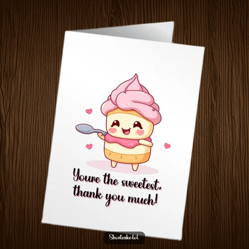 Funny Free Printable Thank You Card: A shortcake with heart eyes joyfully twirls a spoon, expressing gratitude.