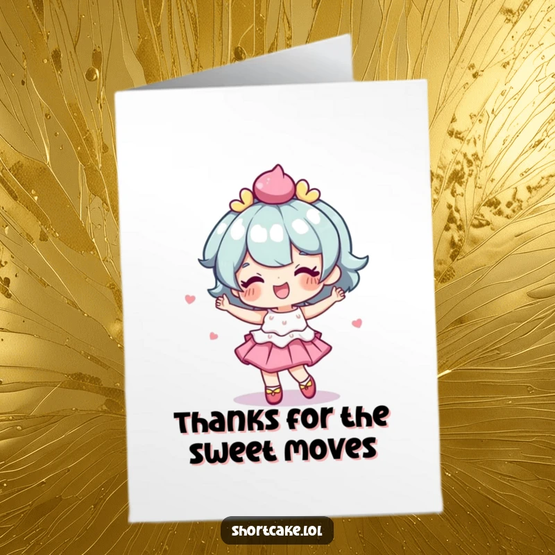 Funny Free Printable Thank You Card: A shortcake character performs a cute, wobbly dance, expressing thanks with endearing movement.