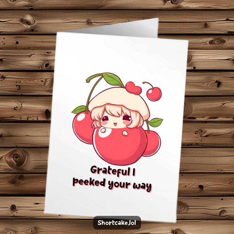 Funny Free Printable Thank You Card: Shortcake character peeking playfully from behind a large cherry, a charming expression of thanks.