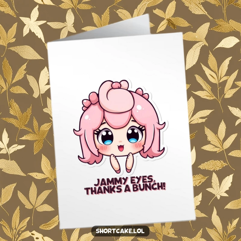 Funny Free Printable Thank You Card featuring a shortcake character looking surprised with wide, jammy eyes, taken aback by kindness.