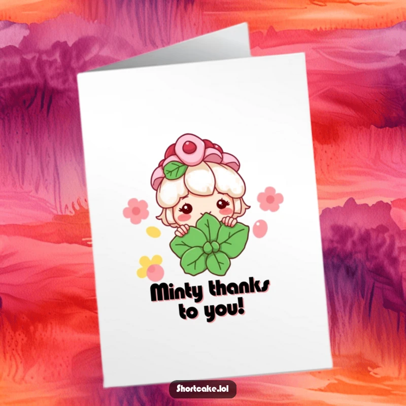 Funny Free Printable Thank You Card: Shortcake Character Peeking from Mint Leaf with a Grin, DIY.
