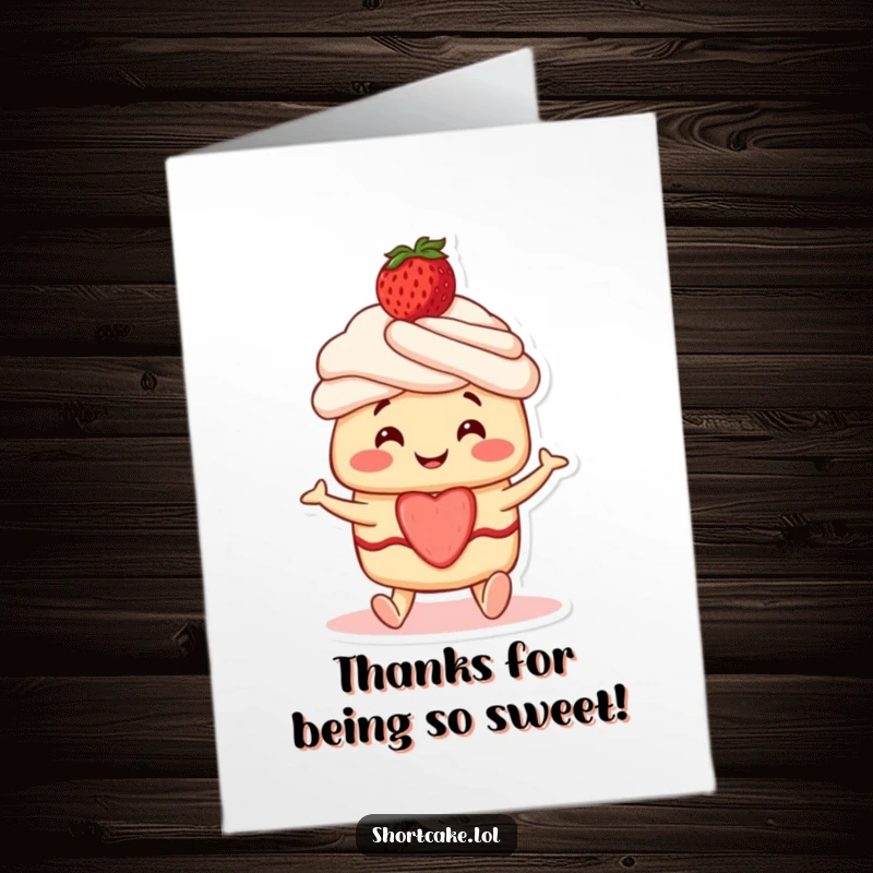 Funny Free Printable Thank You Card: Smiling shortcake character with a strawberry on top wiggling its feet happily.