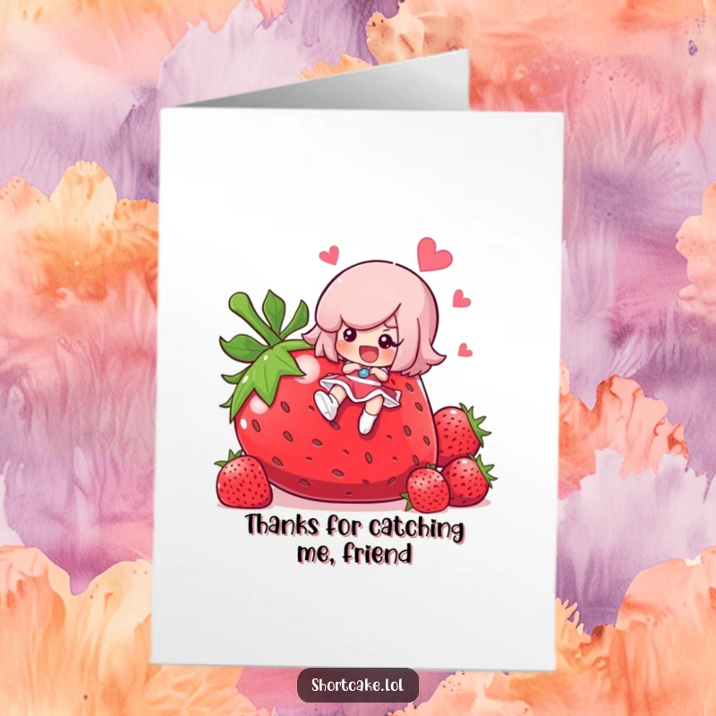 Funny Free Printable Thank You Card: A shortcake character comically taking a tumble on a giant strawberry, downloadable humor.