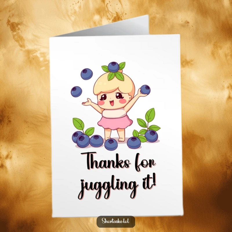 Funny Free Printable Thank You Card: a shortcake character juggles blueberries, showing playful gratitude.