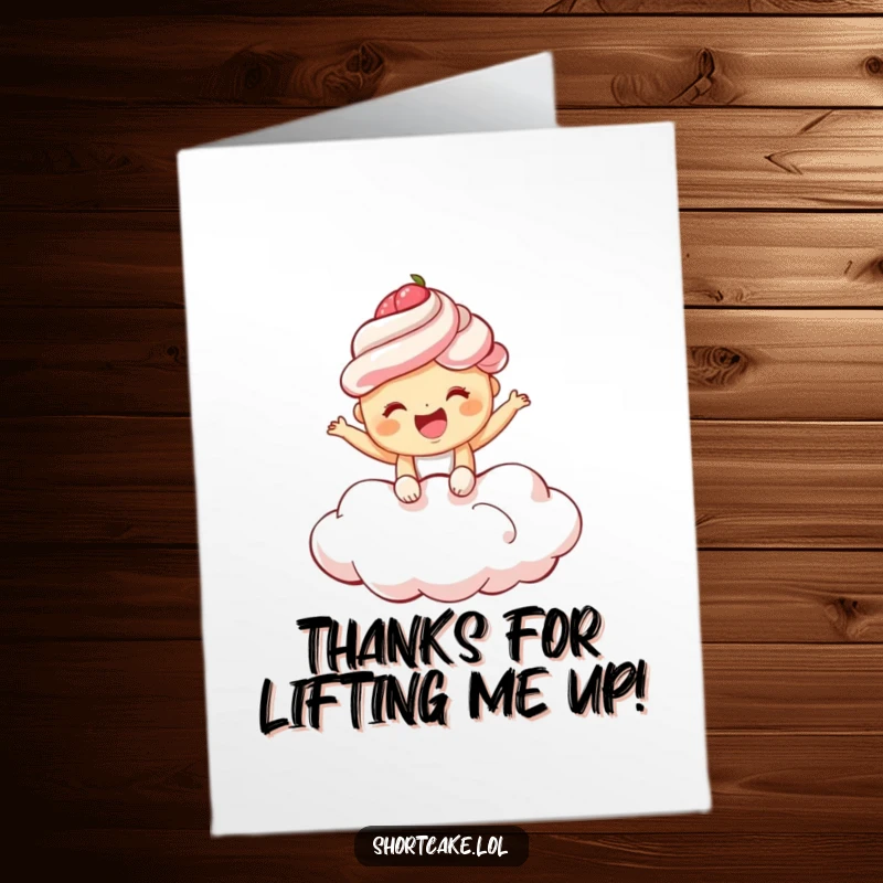 Funny Free Printable Thank You Card: A shortcake giggles with delight while bouncing exuberantly on a soft, fluffy cloud.