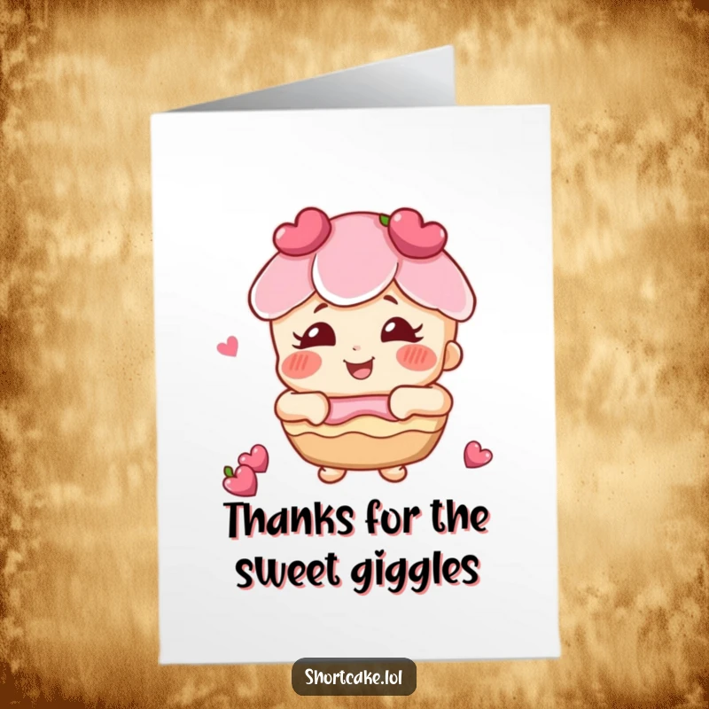 Funny free printable thank you card of a shortcake with rosy cheeks, giggling with genuine appreciation.