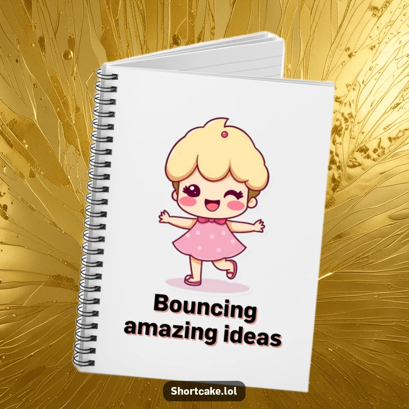 Funny notebook with a shortcake character taking a cheerful, bouncy step, ideal for jotting down notes and happy, energetic thoughts.