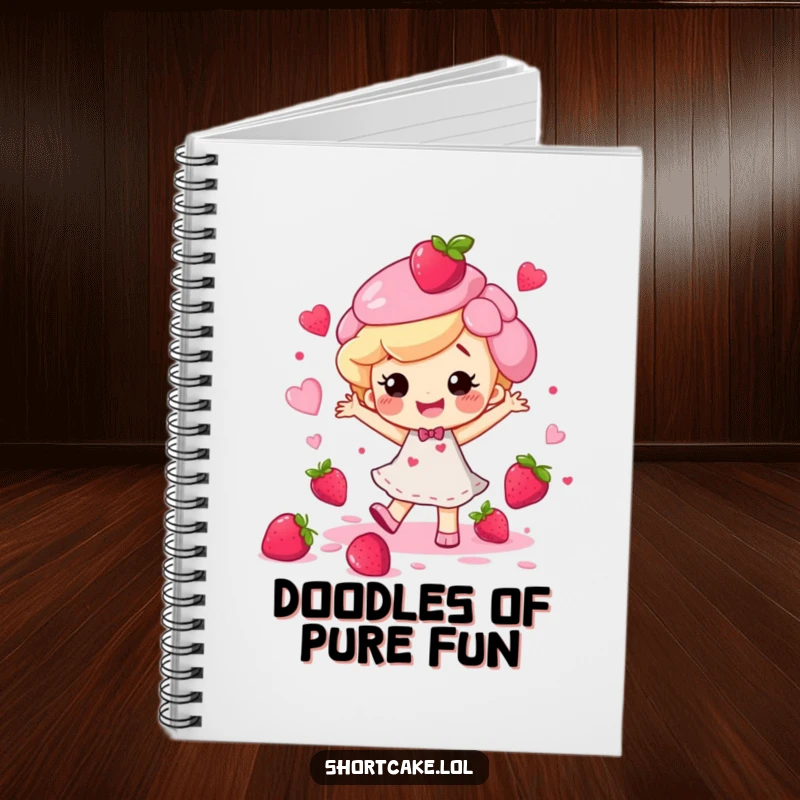 Funny happy shortcake character dancing with colorful berry juice splatters, featured on the cover of a funny notebook.