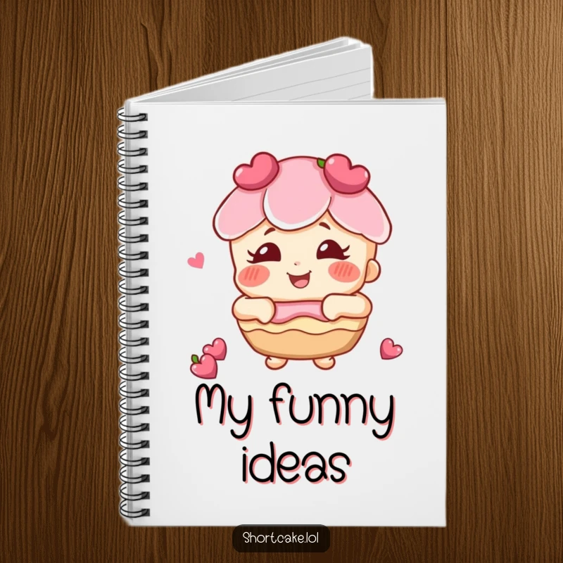 Funny shortcake with rosy cheeks giggling notebook, a joyful dessert character inspiring happy thoughts and laughter.