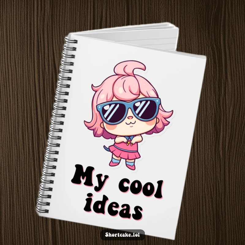 Funny kawaii shortcake character wearing sunglasses, striking a goofy pose, perfect for jotting down cool thoughts. Gift idea.
