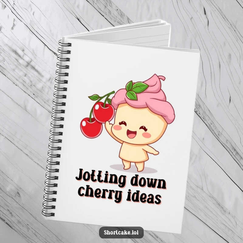 Funny notebook with a shortcake character reaching for a cherry, ideal for jotting down notes with a smile.