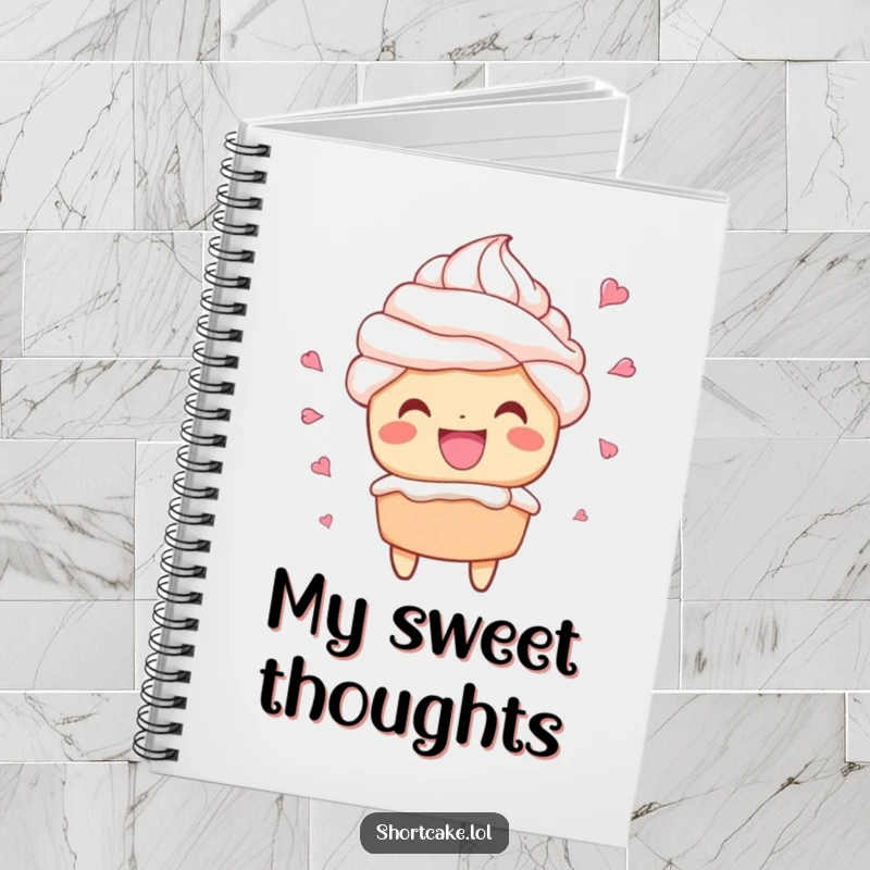 Funny notebook featuring a shortcake character grinning widely with whipped cream flying, great for jotting ideas.