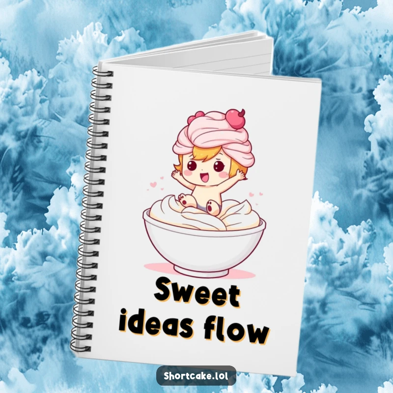 Funny notebook cover showing a cute shortcake character joyfully jumping into a bowl piled high with whipped cream.