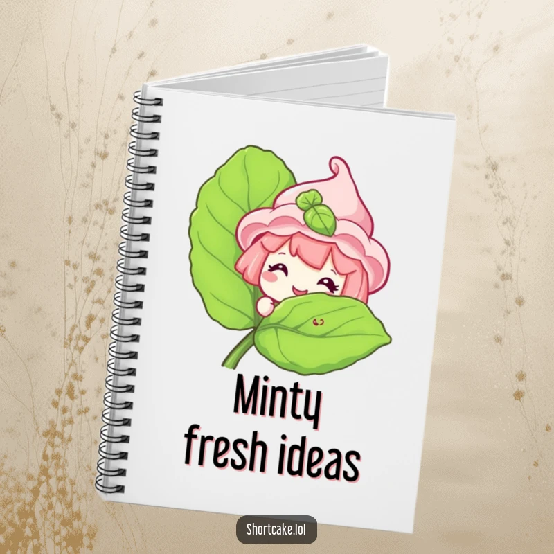 Funny Shortcake Notebook featuring a sweet shortcake character peeking with a grin from behind a mint leaf.