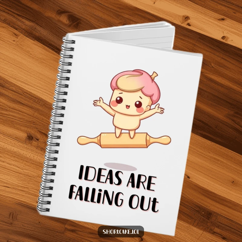 Funny notebook cover: A charming shortcake character hilariously rolling on a pin, perfect for jotting down funny ideas.