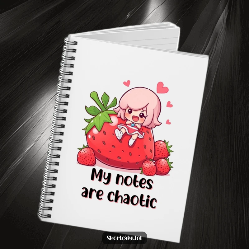 Funny shortcake character slipping on a giant strawberry, cute journal for notes, durable cover, a funny gift.