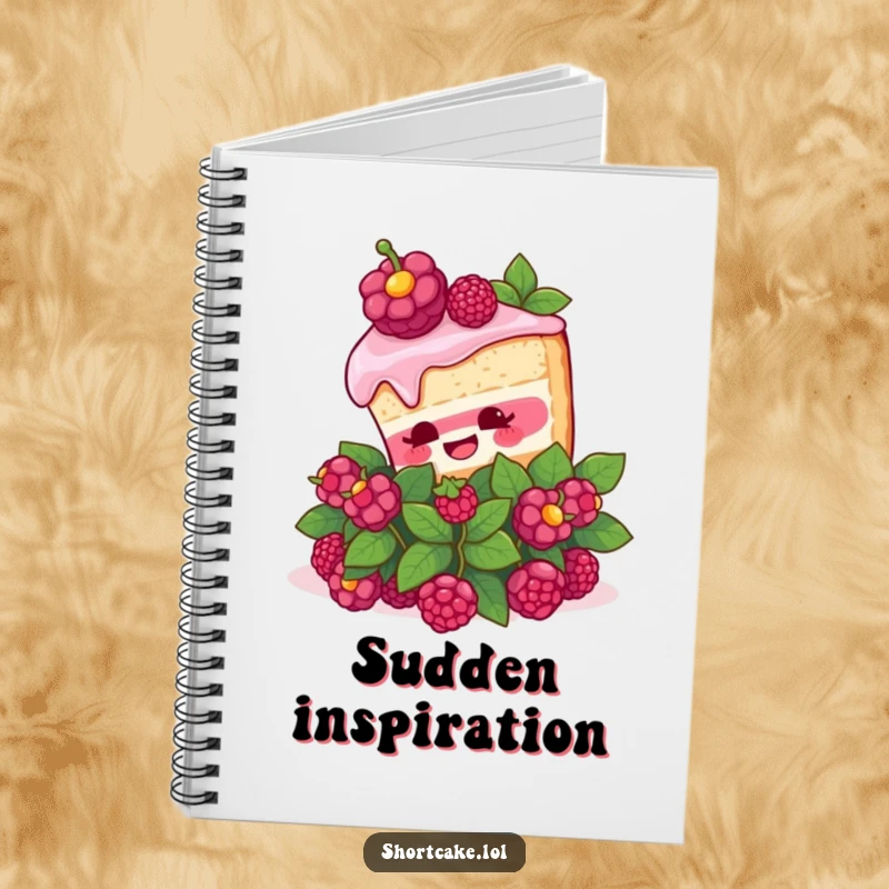 Funny Shortcake Surprise Notebook. A shortcake slice pops out of a berry bush with surprise on the cover of a notebook, perfect for notes.
