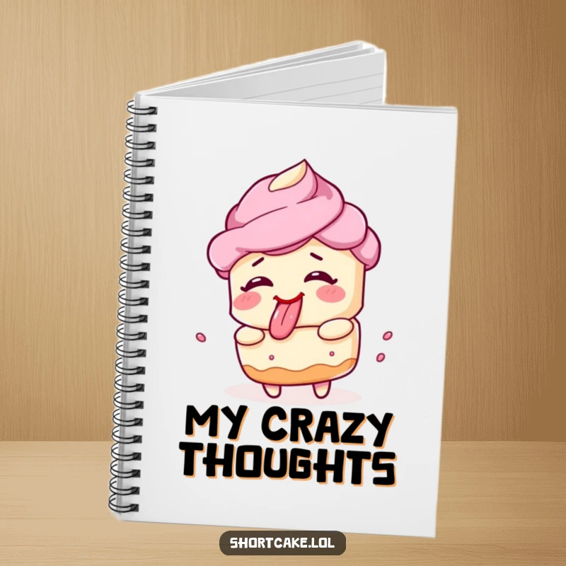 Funny shortcake notebook, spinning, silly face, tongue out, for notes and doodles, humorous.