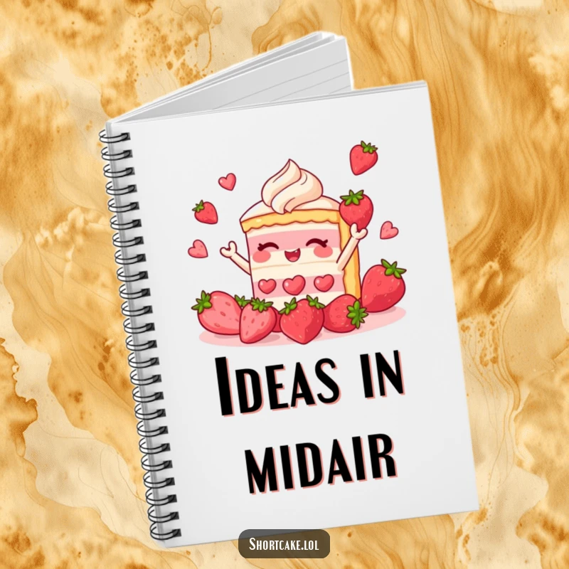 Funny shortcake notebook cover with a dessert slice juggling strawberries, encouraging sweet and humorous note-taking.