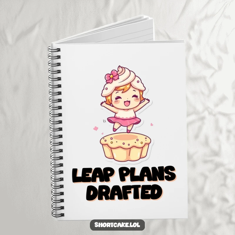 Funny Leaping Shortcake Notebook featuring a dessert character in mid-leap, ideal for notes and a dynamic funny gift.
