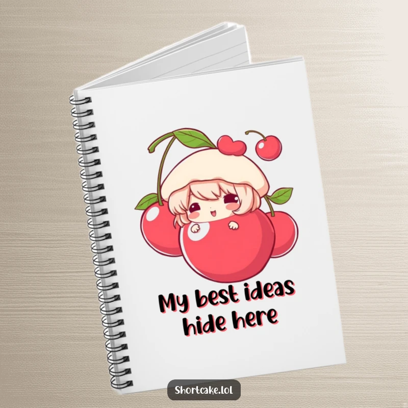 Funny Notebook with a shortcake character peeking from behind a giant cherry, encouraging creative writing and note-taking.