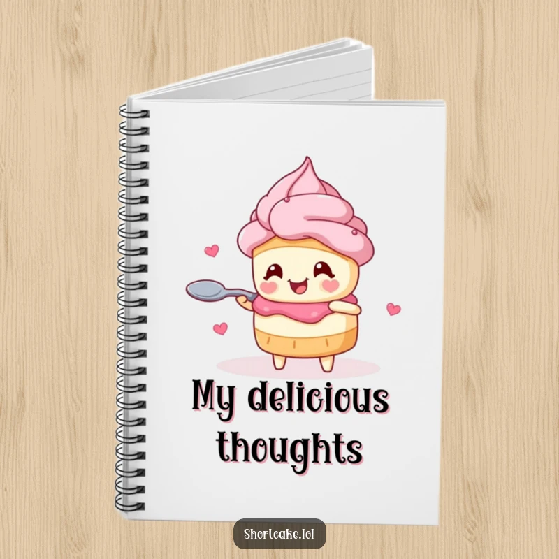 Funny shortcake notebook featuring a character with heart eyes joyfully twirling a spoon, perfect for notes and creative ideas.