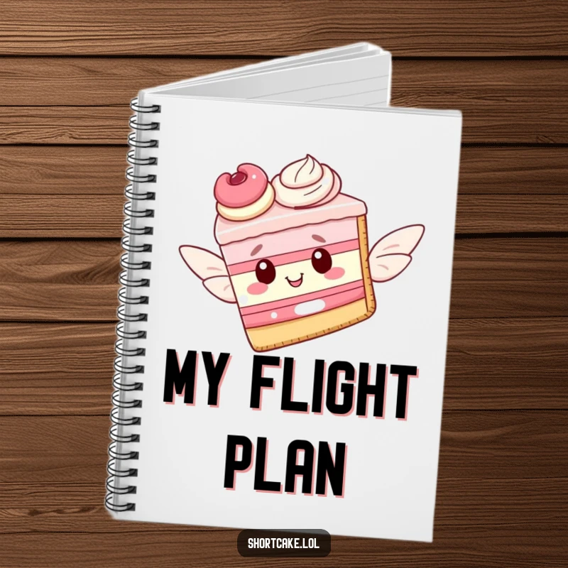 Funny notebook cover with a shortcake slice using pastry wings to fly, perfect for jotting down whimsical thoughts and ideas.