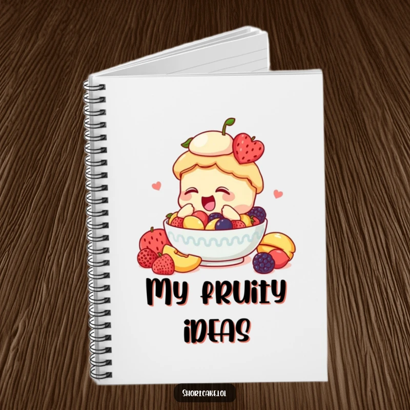 Funny shortcake notebook, diving into fruit, enthusiastic, for notes and recipes, humorous design.
