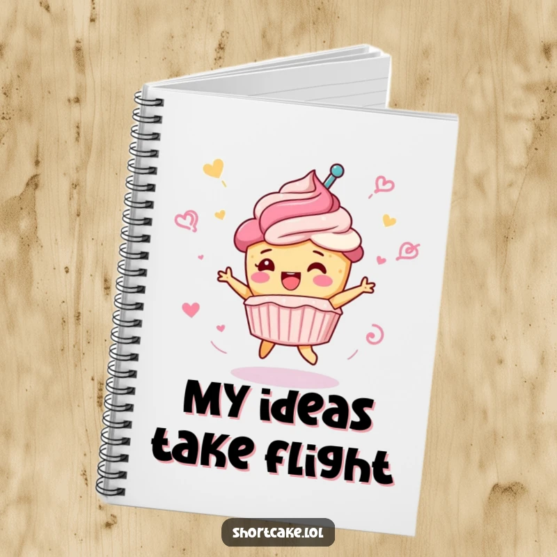 Funny shortcake notebook, cute dessert character in a celebratory spin, frosting swirls, stationery, ideal funny gift.