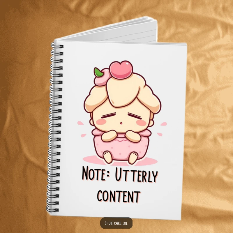 Funny shortcake notebook, cute dessert character with eyes closed, satisfied sigh pose, stationery, ideal funny gift.