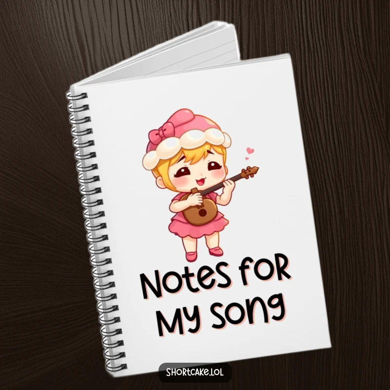 Funny shortcake character playing a tiny fife with gusto, a cute and humorous notebook for musical thoughts.