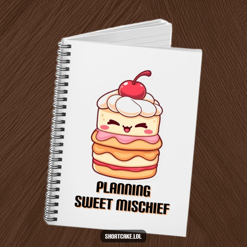 Funny shortcake notebook with a layered dessert and cherry winking mischievously, ideal for jotting down sweet and funny thoughts.