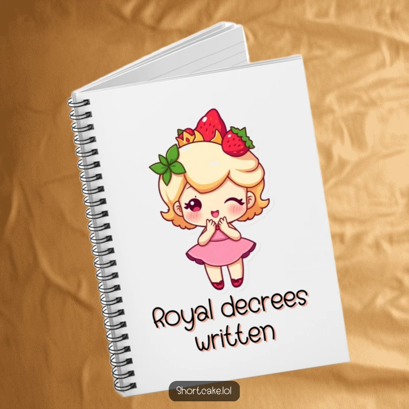 Funny shortcake character wearing a strawberry crown and curtsying, a cute and humorous notebook for elegant thoughts.