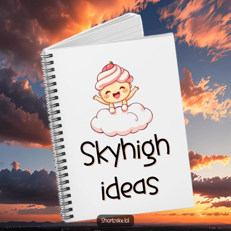Funny shortcake notebook with a giggling shortcake bouncing on a fluffy cloud, ideal for jotting down sweet and joyful thoughts.