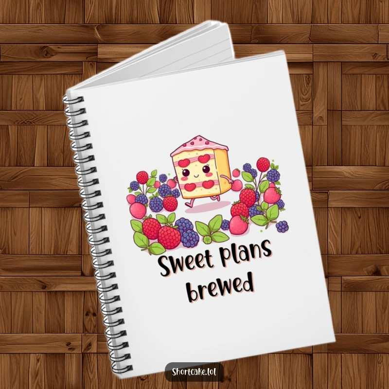 Funny shortcake slice with tiny legs skipping through berries, a cute and humorous notebook for capturing sweet thoughts.