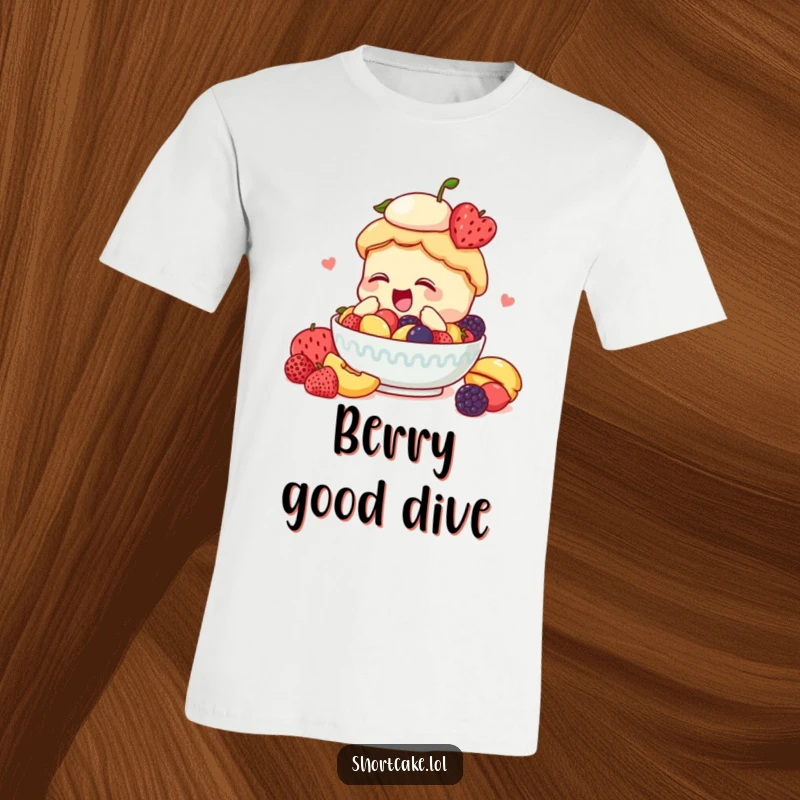 Funny shortcake t-shirt, enthusiastically diving, into fruit bowl, energetic and happy, humorous apparel.