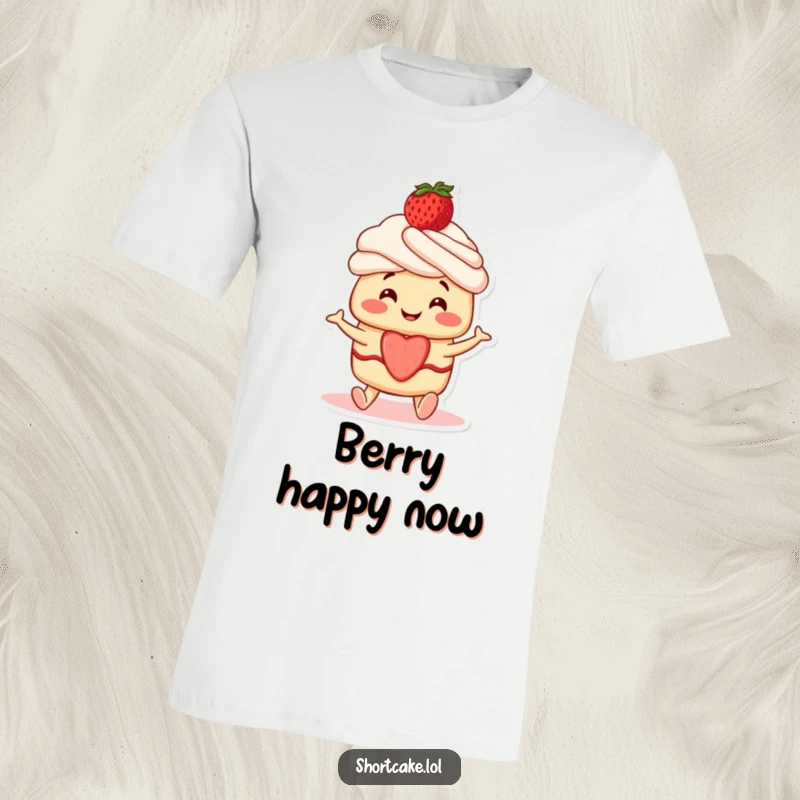 Funny Shortcake T-Shirt: A smiling shortcake character with a strawberry on top, joyfully wiggling its feet.