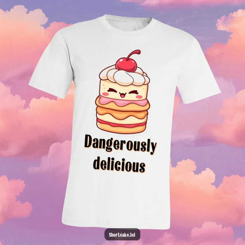 Funny shortcake t-shirt displaying a layered shortcake with a cherry winking naughtily, perfect for a sweet and humorous look.